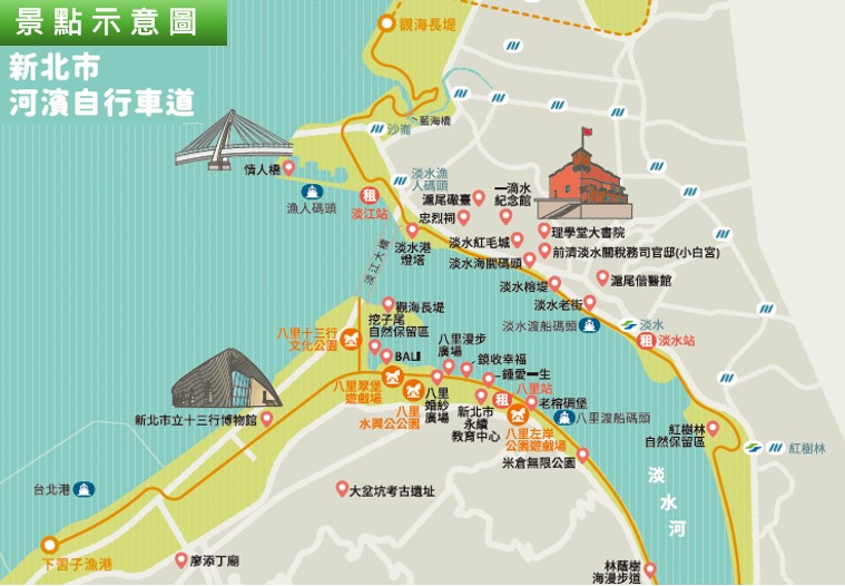 《圖說》新北河濱自行車道景點示意圖。〈高灘處提供〉